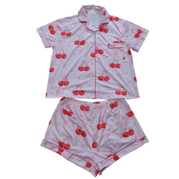 $NWOT Women's pink Cherry Bow PJ set button up shirt w/shorts. Barbiecore, XXL - Picture 2 of 9